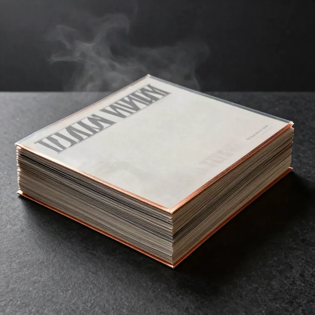 Mallpaket i transparenta sleeves med kopparflikar och mörk dramatik på svart sten.