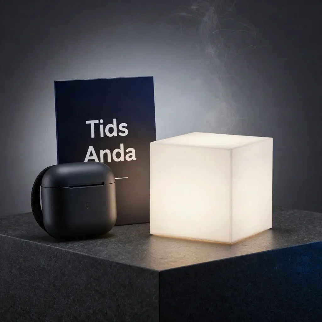 Lysande samtalskit med svart kort, sluten hörlursetui och ljus kub på mörk stenplint.
